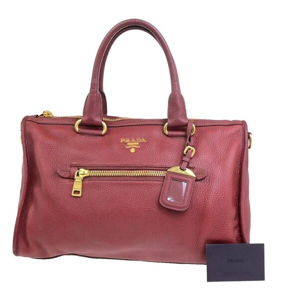 PRADA Logo Shoulder Hand Tote Bag Vitello Daino Leather Red GHW Italy 84FB476 - Picture 1 of 16